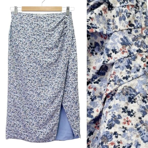 Abercrombie & Fitch Side Slit Midi Skirt Blue Floral Linen Blend Size Small - Picture 12 of 12